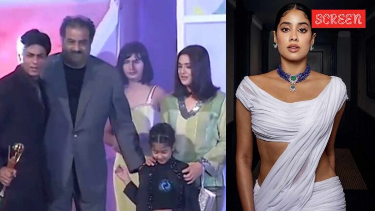 When little Janhvi Kapoor stole the show while handing an award to Shah Rukh Khan; got a peck on the cheek from the actor. Watch | Bollywood News
